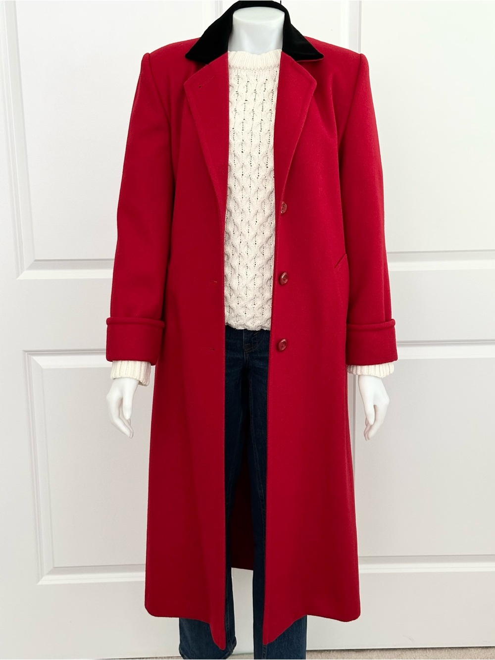 Vintage 90s Wool Red Long Coat with Black Velvet Collar & Shoulder Pads